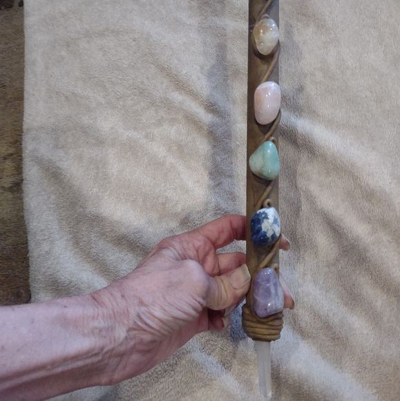 Chakra wand vintage handmade crystal points mult healing stone 16" long - Picture 3 of 10